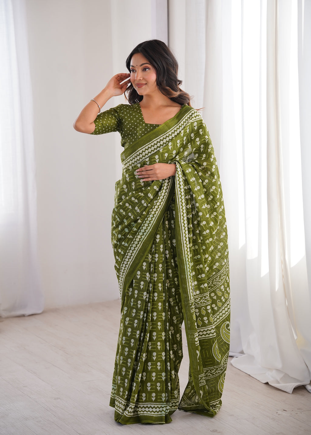 Designer Printed Pure Cotton Saree of Green