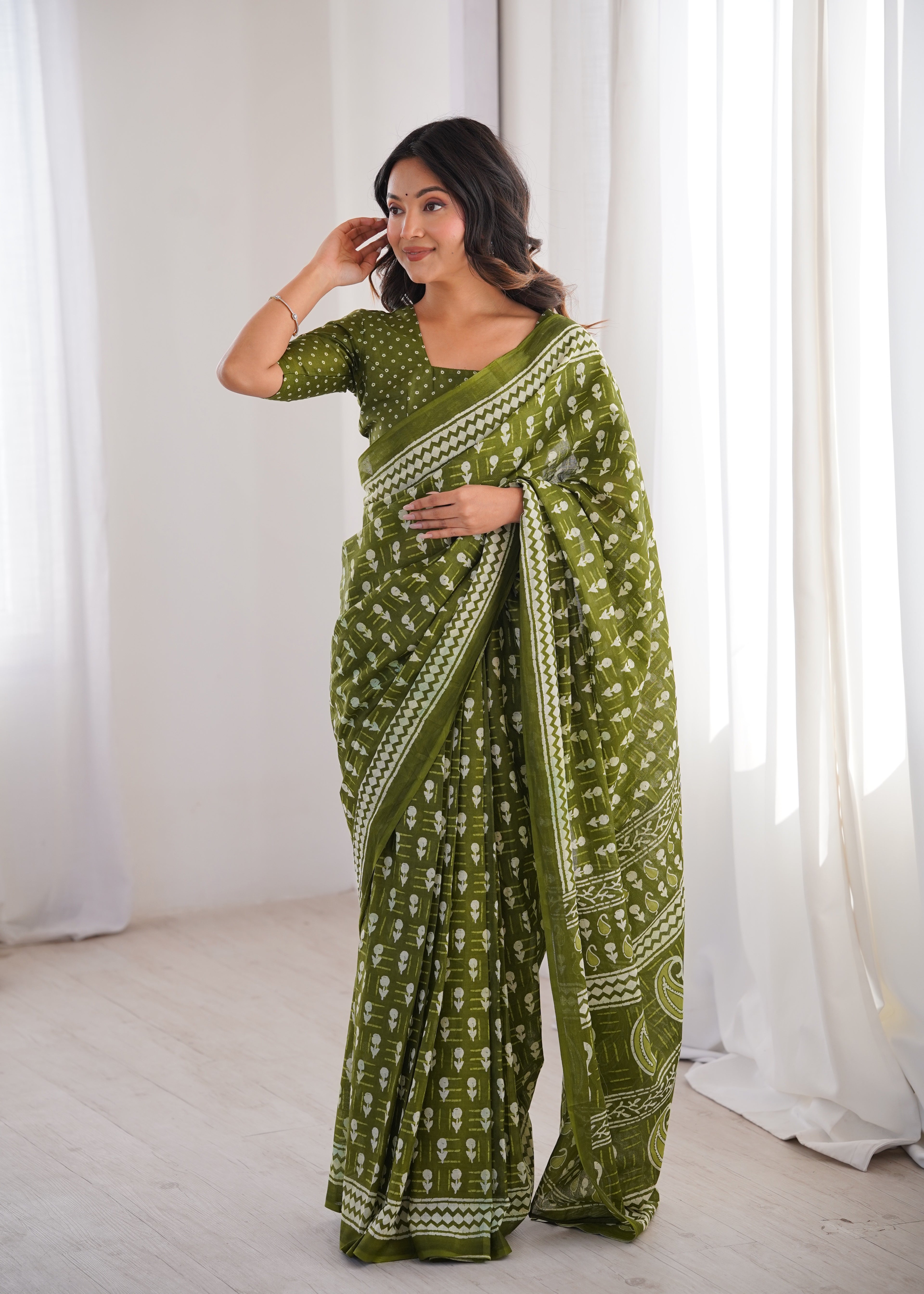 Designer Printed Pure Cotton Saree of Green