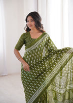 Designer Printed Pure Cotton Saree of Green