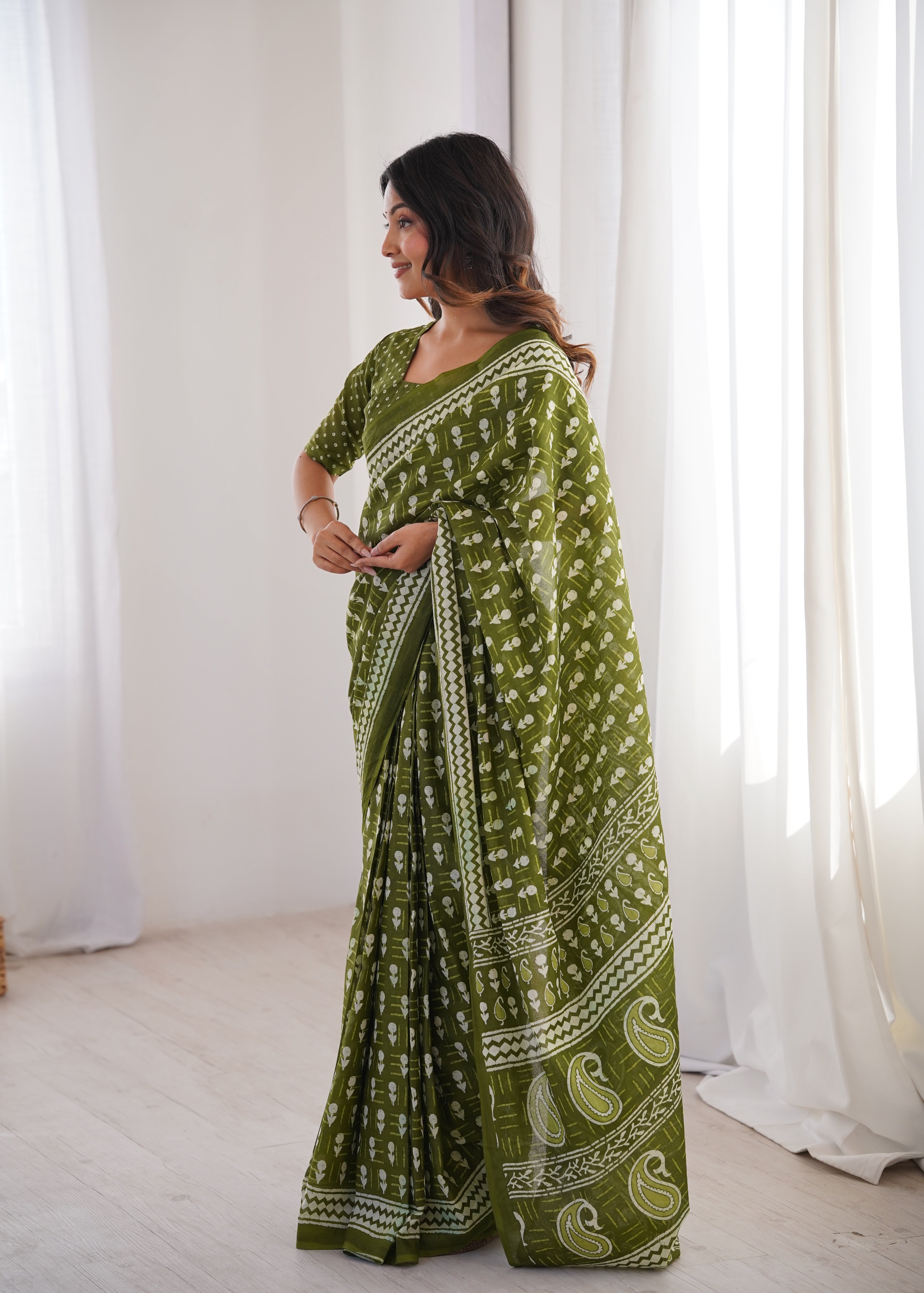 Designer Printed Pure Cotton Saree of Green