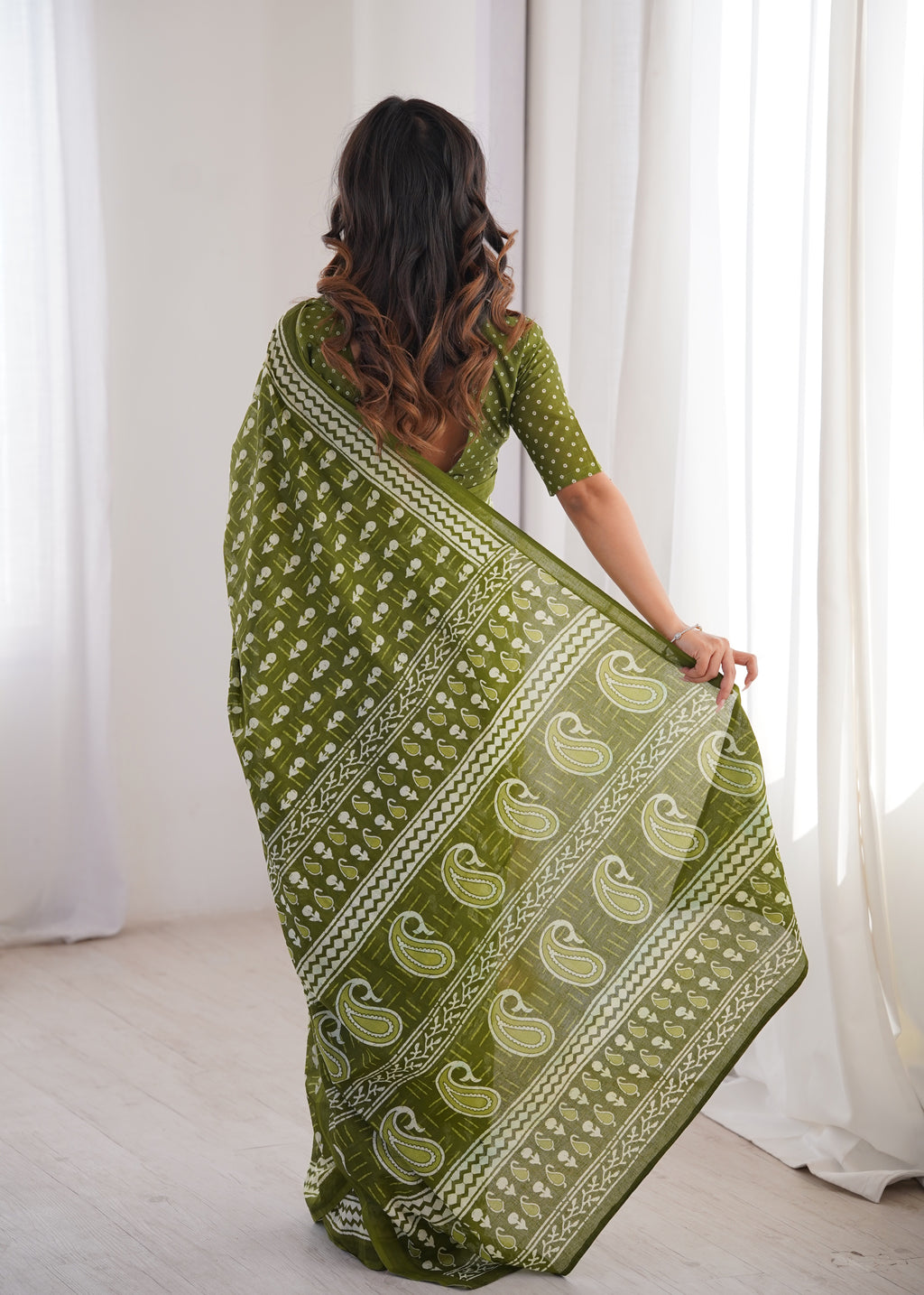 Designer Printed Pure Cotton Saree of Green