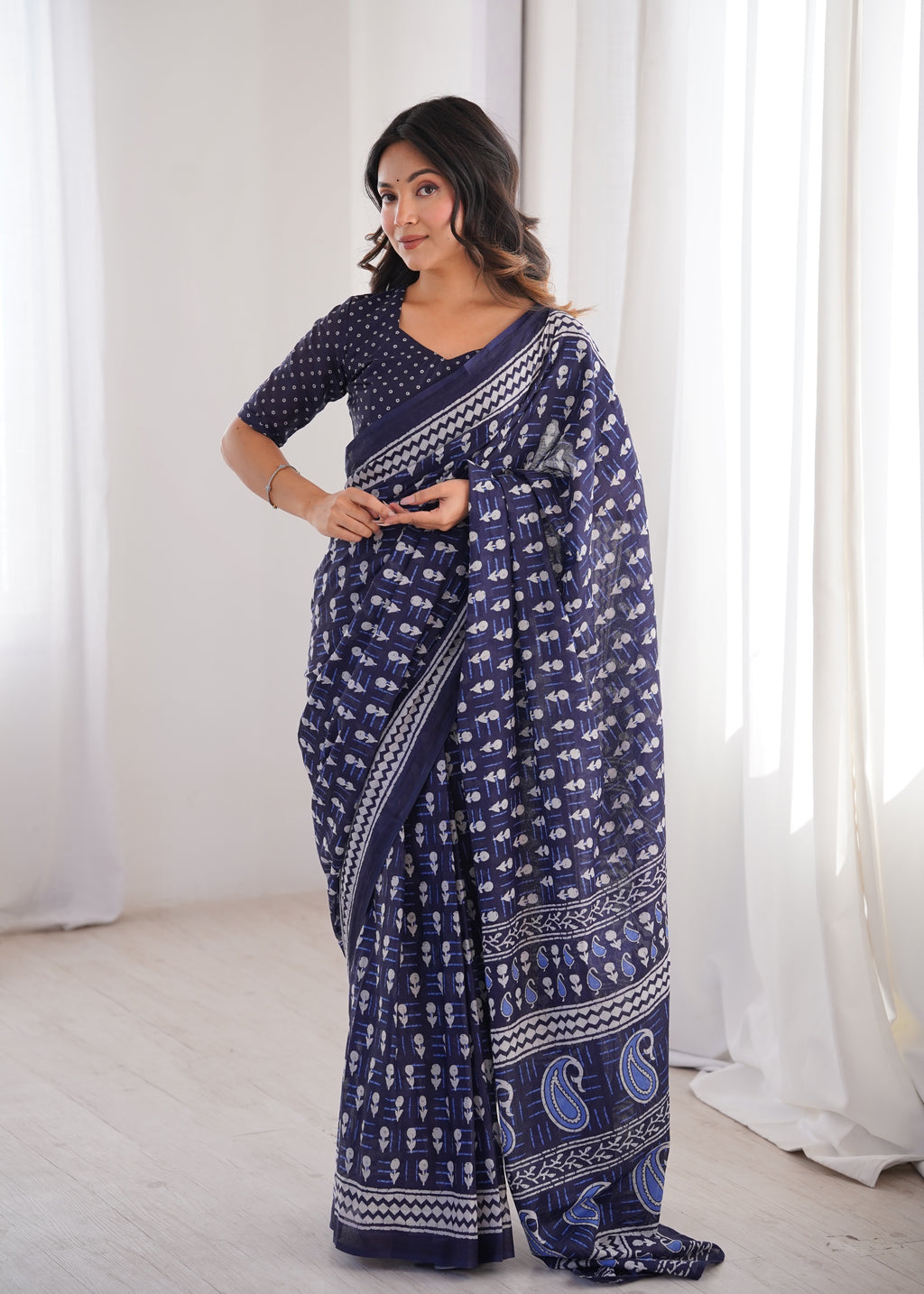 Designer Printed Pure Cotton Saree of Blue