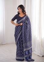 Designer Printed Pure Cotton Saree of Blue