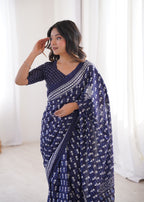 Designer Printed Pure Cotton Saree of Blue