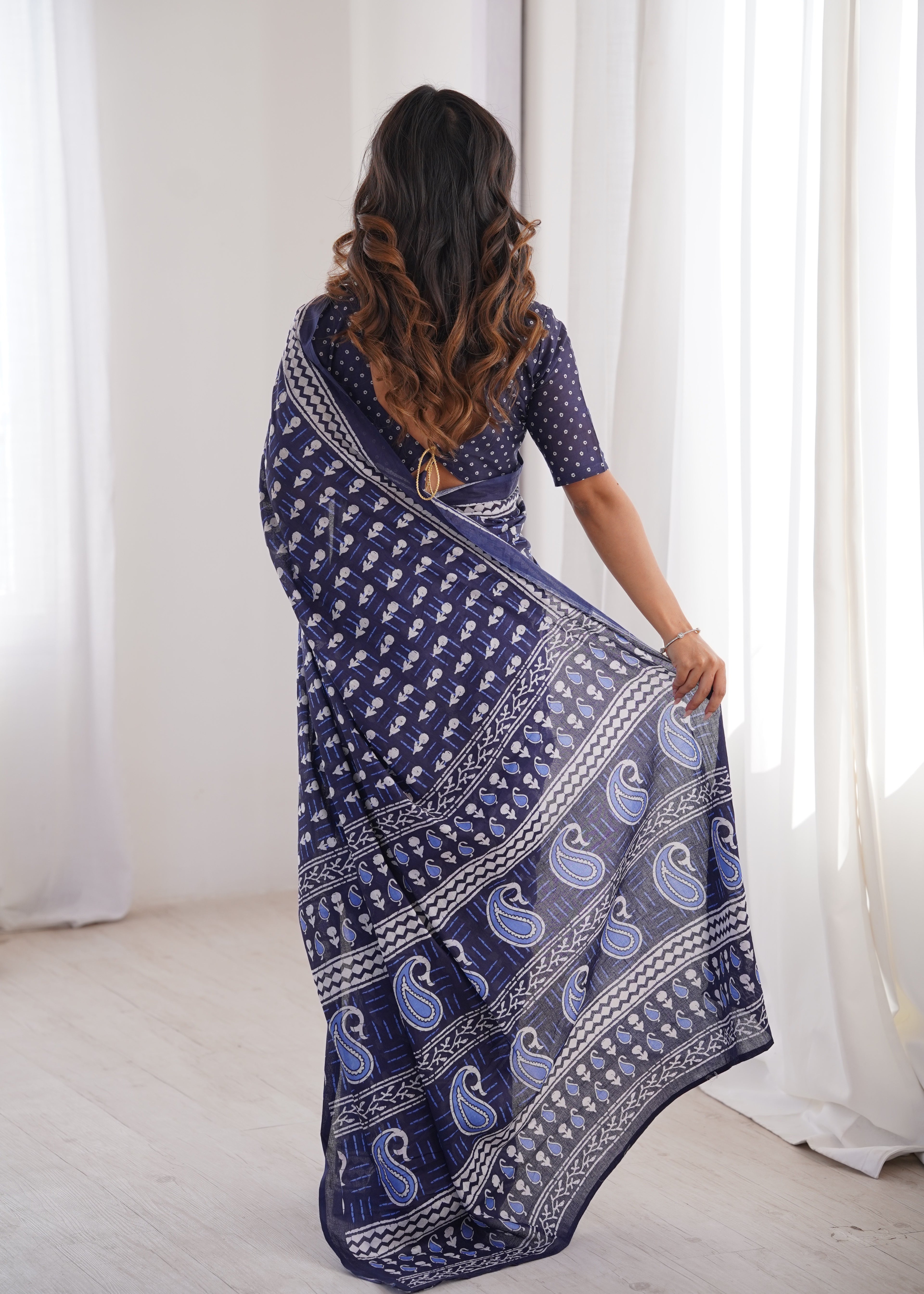 Designer Printed Pure Cotton Saree of Blue