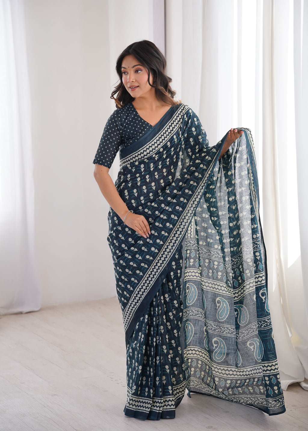 Designer Printed Pure Cotton Saree of Navy Blue
