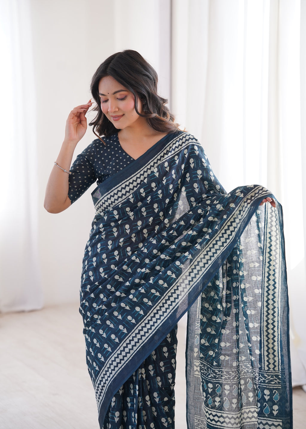 Designer Printed Pure Cotton Saree of Navy Blue