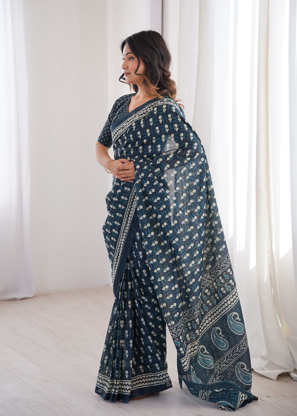 Designer Printed Pure Cotton Saree of Navy Blue