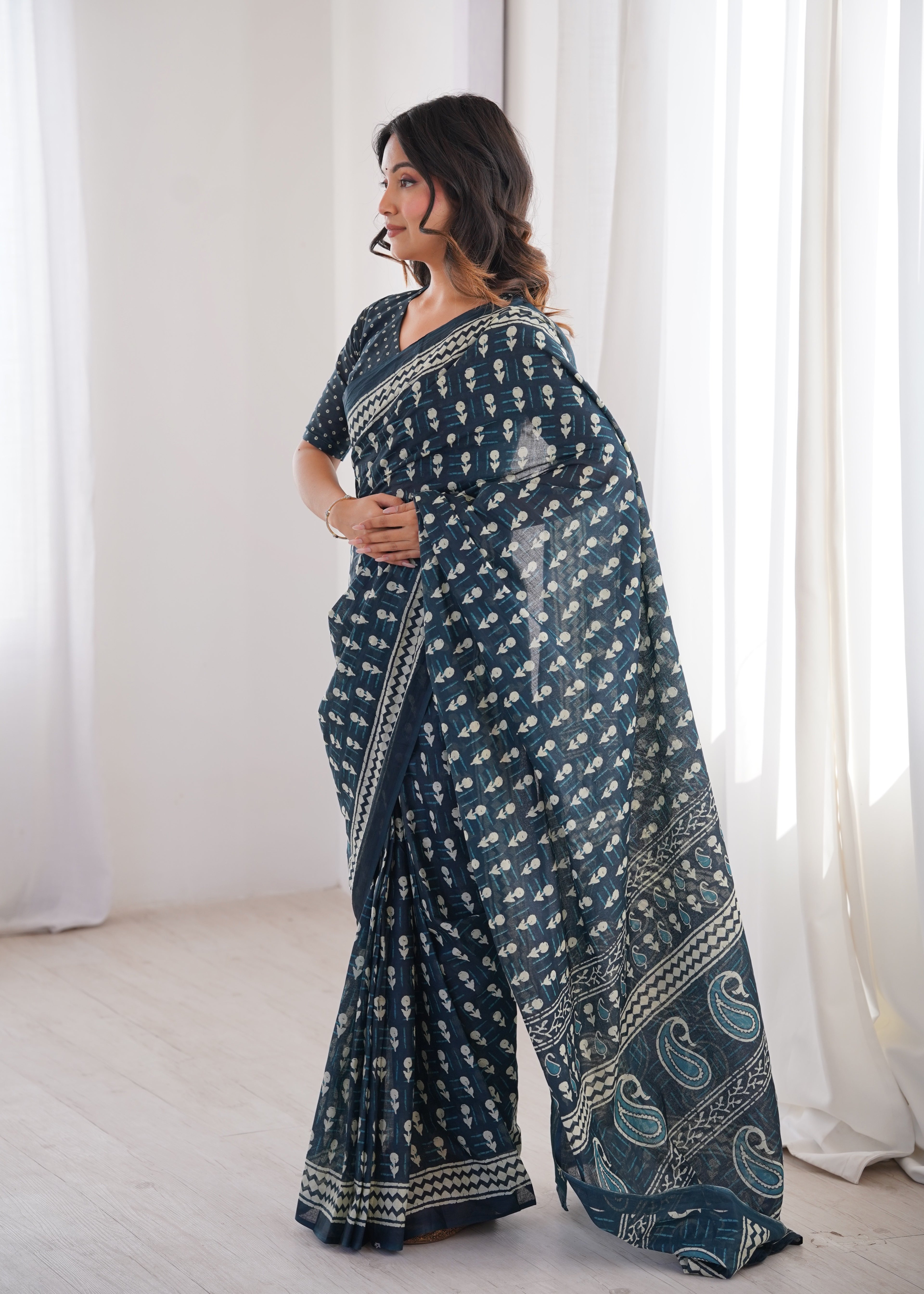 Designer Printed Pure Cotton Saree of Navy Blue