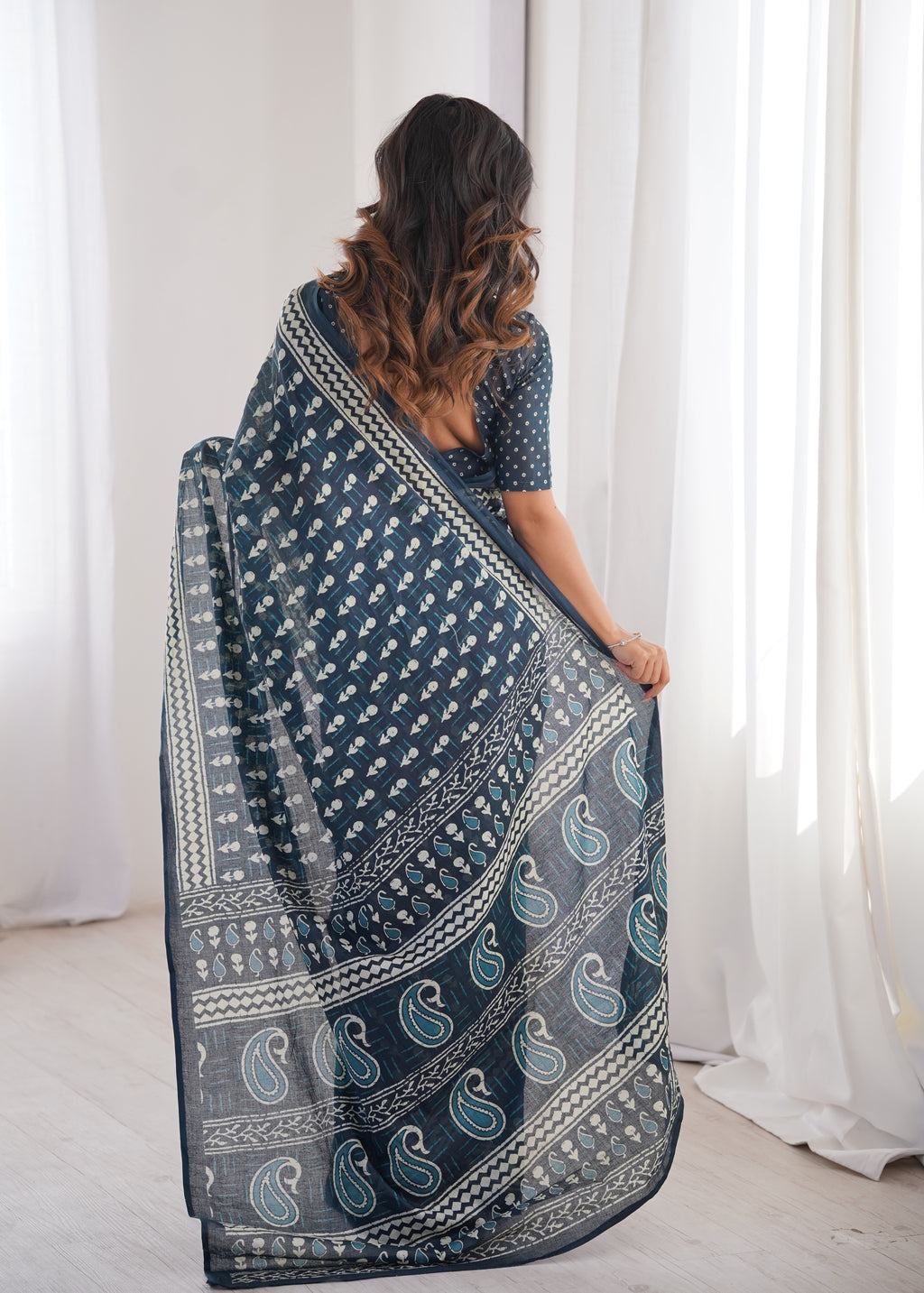 Designer Printed Pure Cotton Saree of Navy Blue