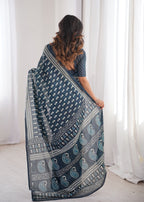 Designer Printed Pure Cotton Saree of Navy Blue