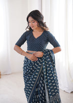 Designer Printed Pure Cotton Saree of Navy Blue