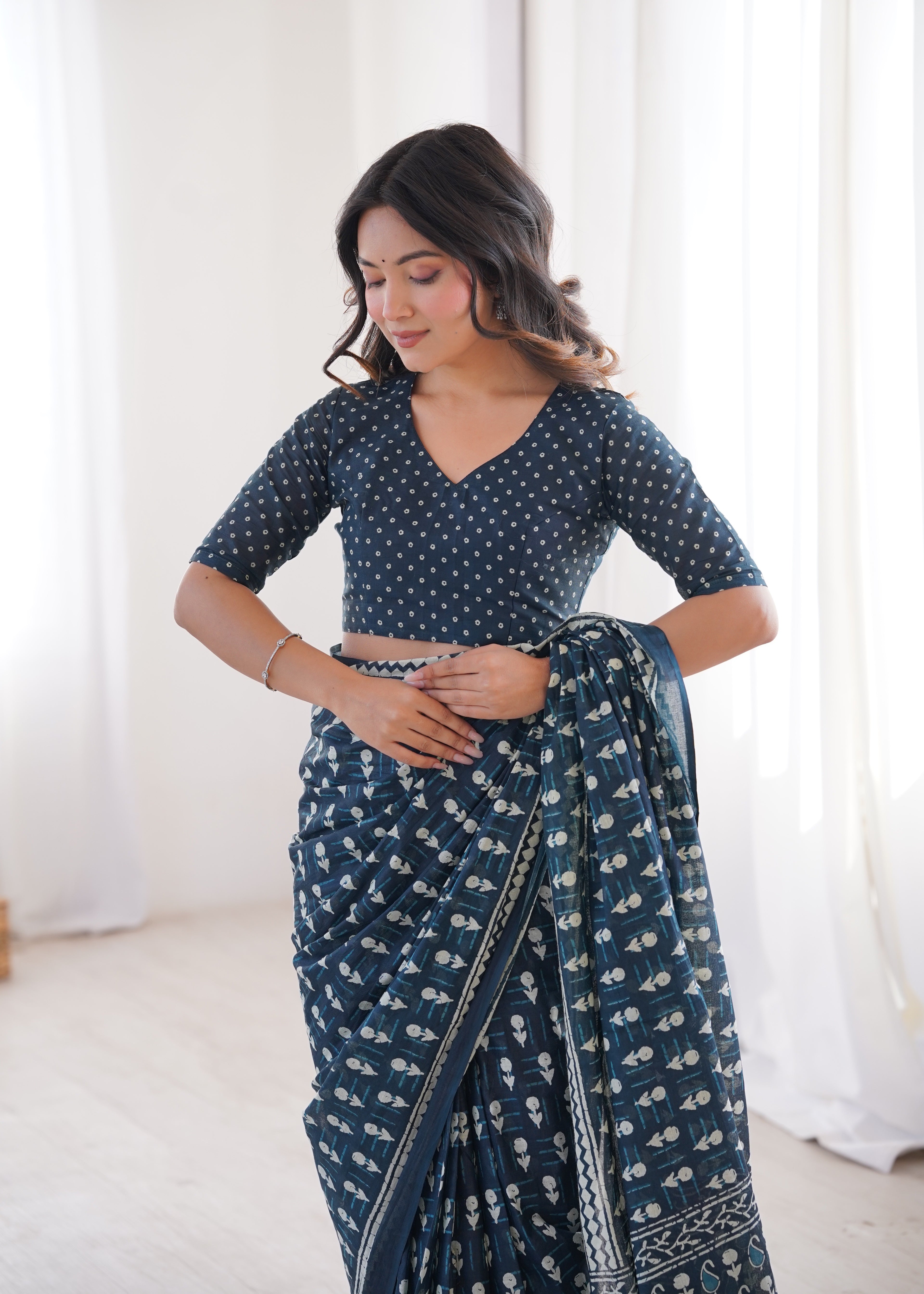 Designer Printed Pure Cotton Saree of Navy Blue