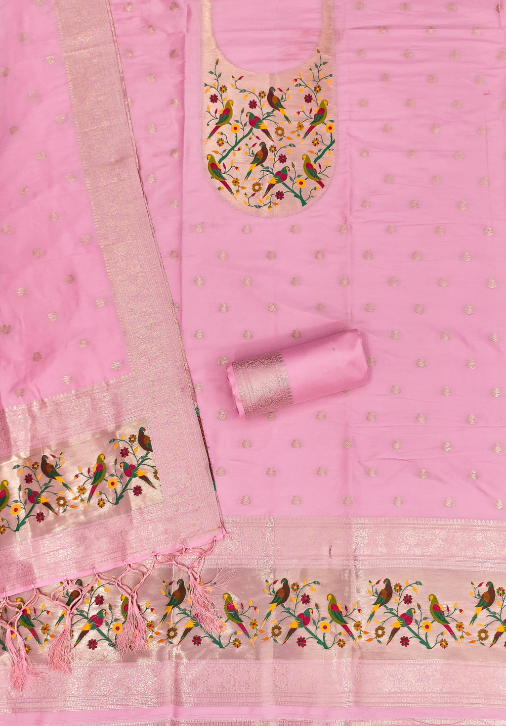 Pink Color Paithani woven Pattern Top, Bottom & Dupatta Dress Material