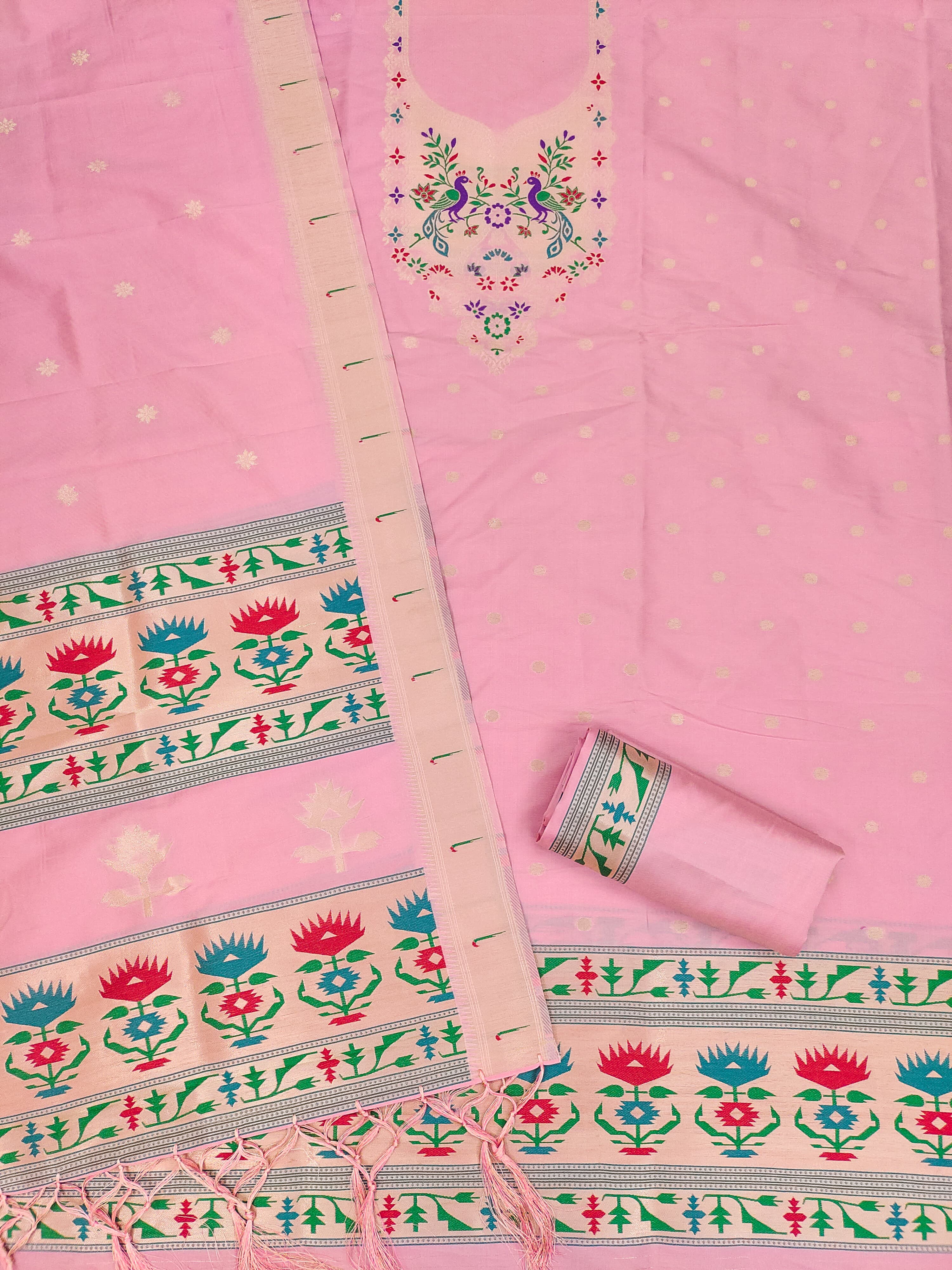 Pink Color Paithani woven Pattern Top, Bottom & Dupatta Dress Material
