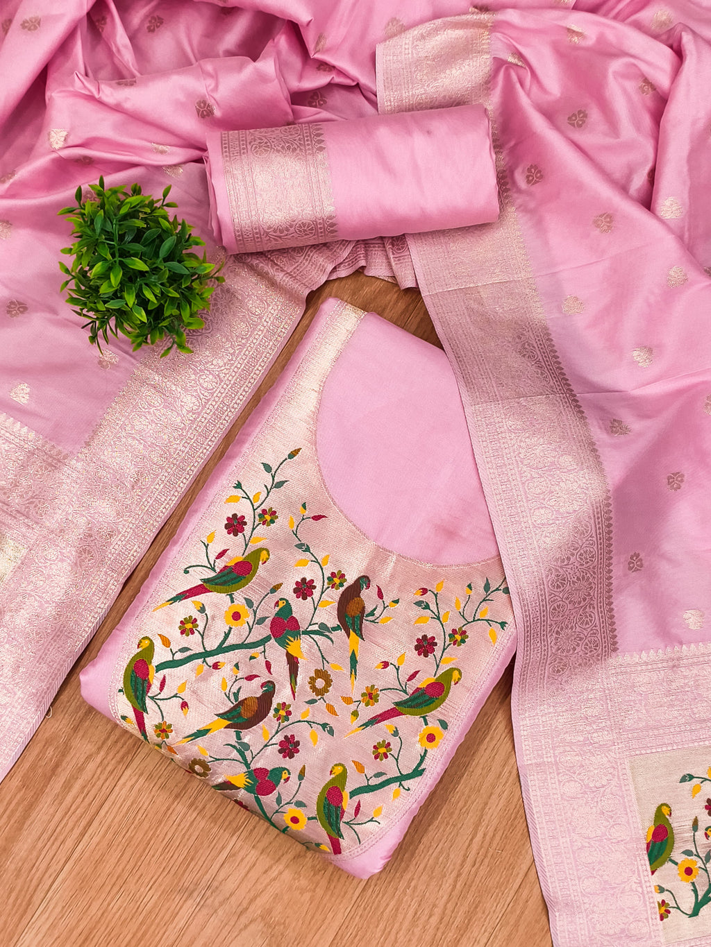 Pink Color Paithani woven Pattern Top, Bottom & Dupatta Dress Material