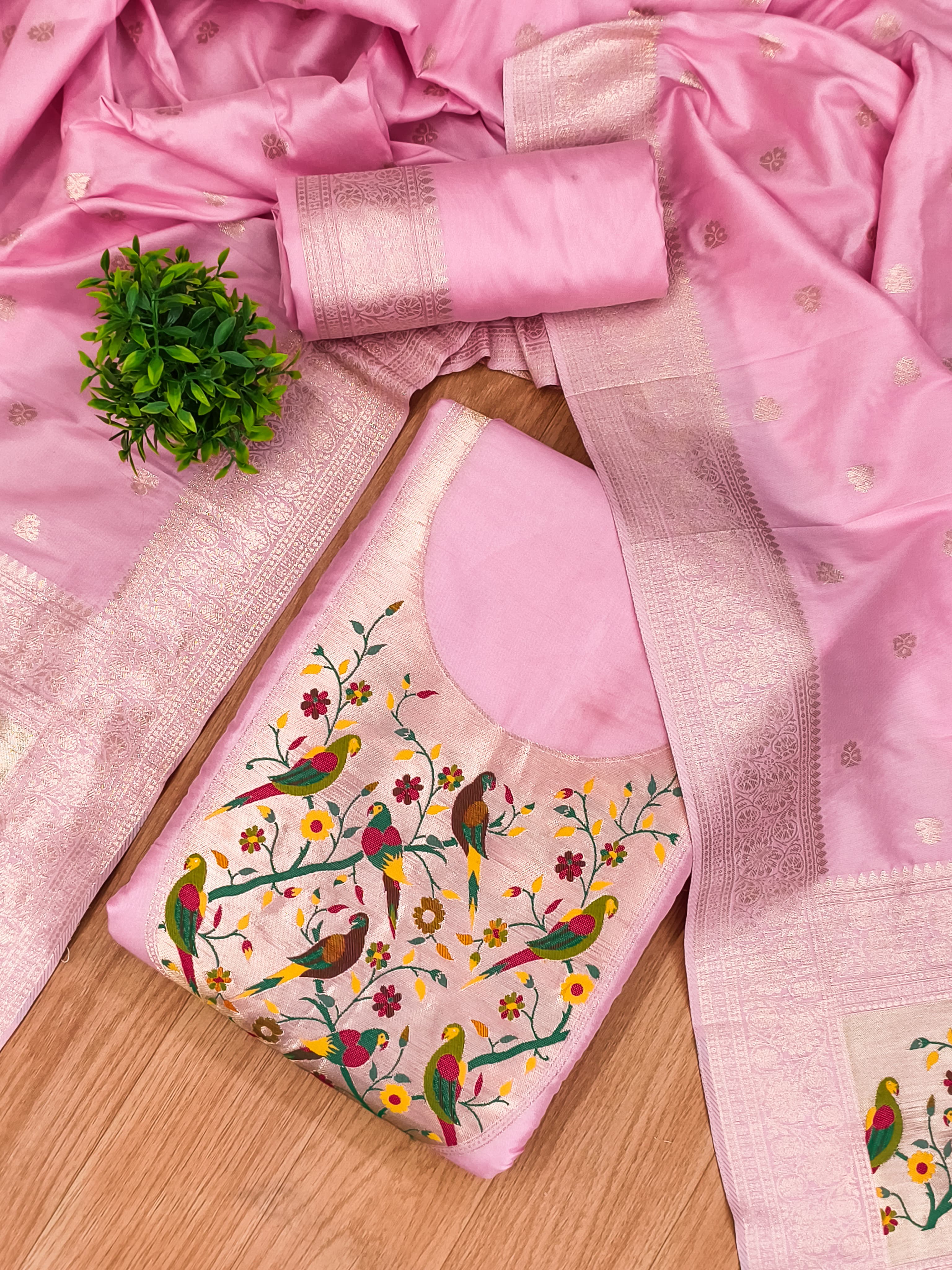 Pink Color Paithani woven Pattern Top, Bottom & Dupatta Dress Material
