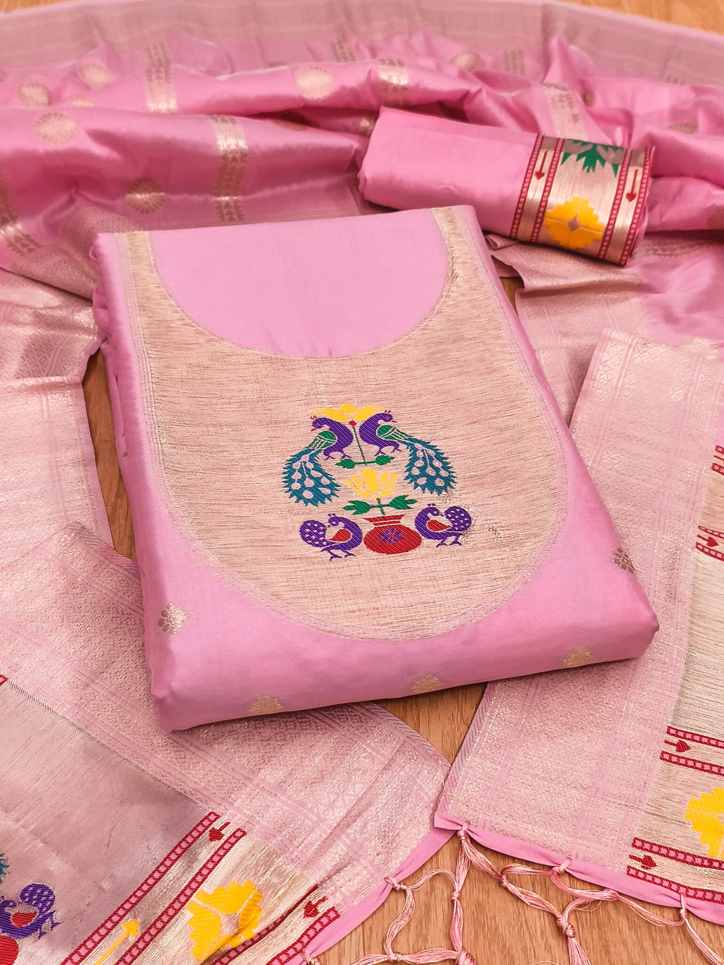 Pink Color Paithani woven Pattern Top, Bottom & Dupatta Dress Material
