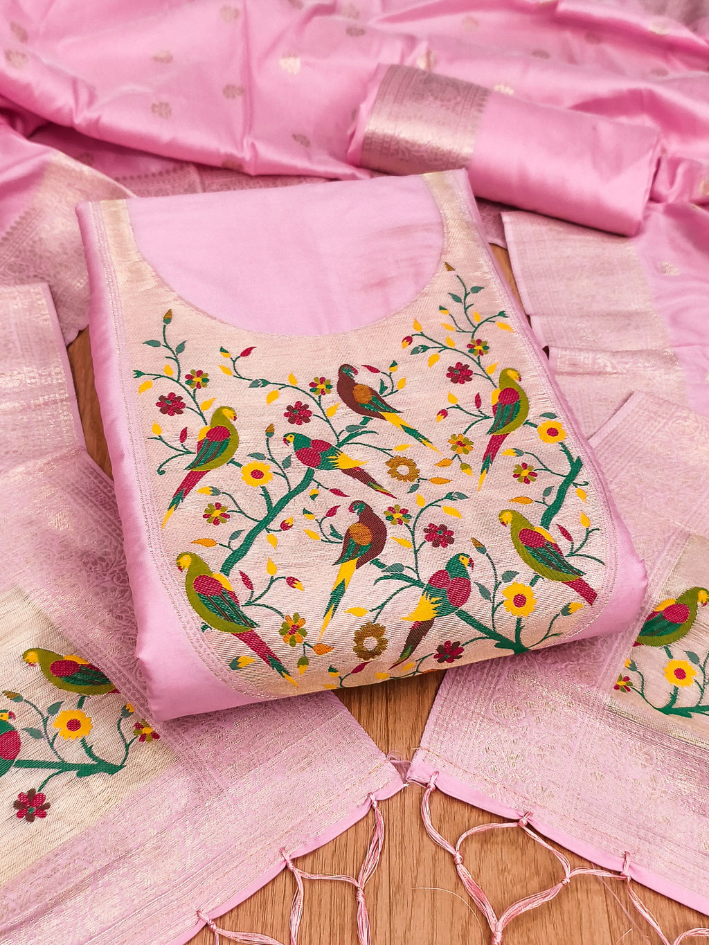 Pink Color Paithani woven Pattern Top, Bottom & Dupatta Dress Material