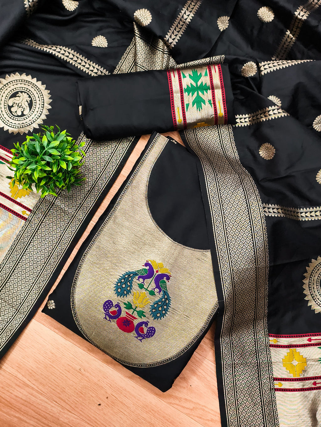 Black Color Paithani woven Pattern Top, Bottom & Dupatta Dress Material
