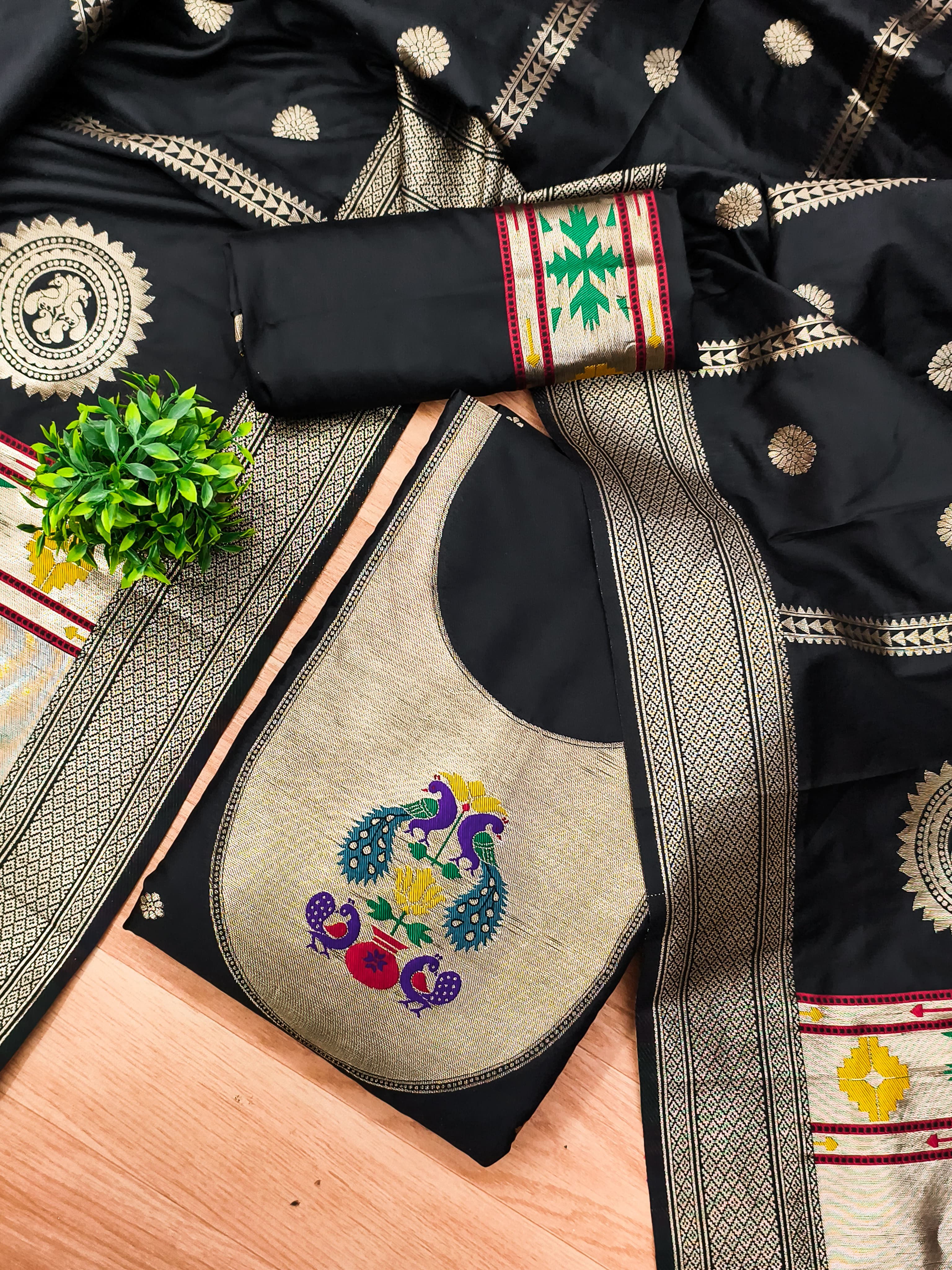 Black Color Paithani woven Pattern Top, Bottom & Dupatta Dress Material