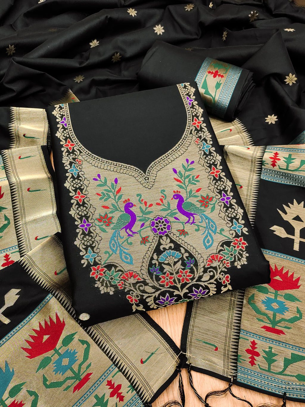 Black Color Paithani woven Pattern Top, Bottom & Dupatta Dress Material