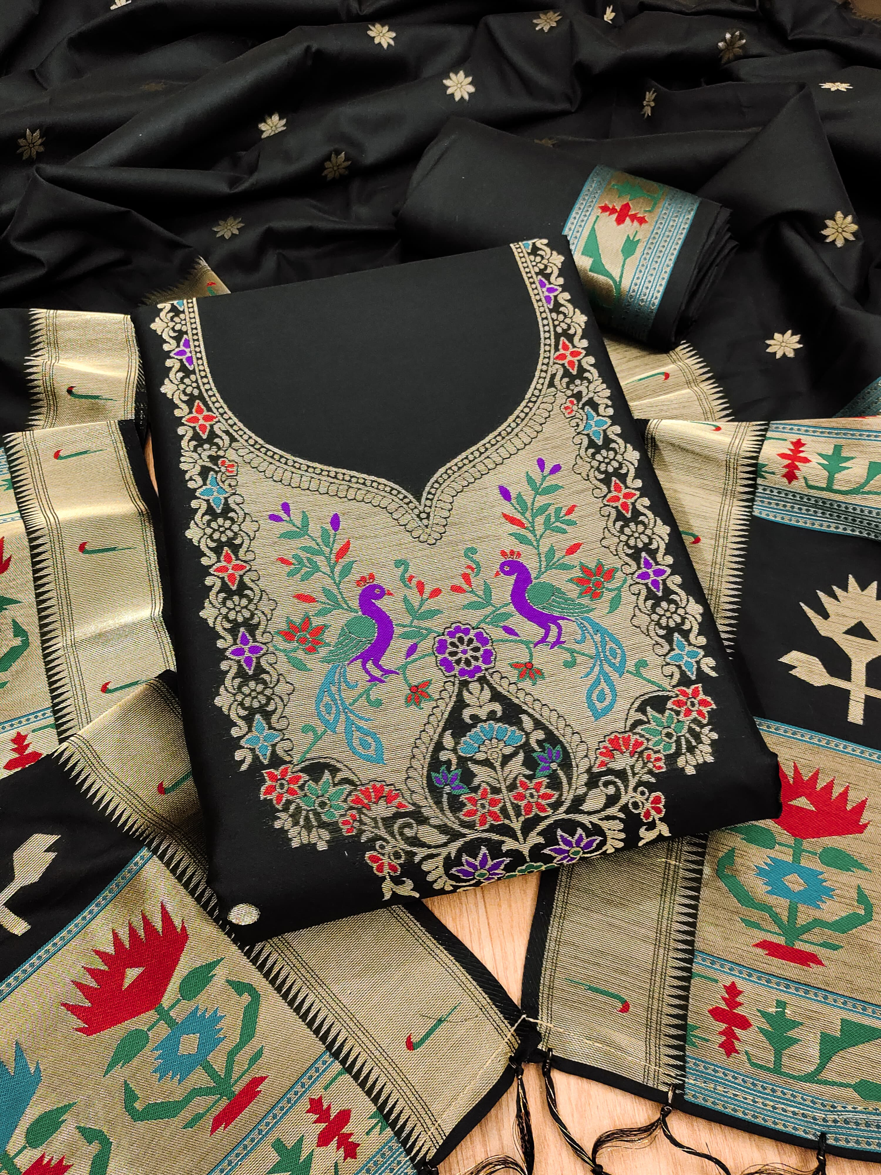 Black Color Paithani woven Pattern Top, Bottom & Dupatta Dress Material