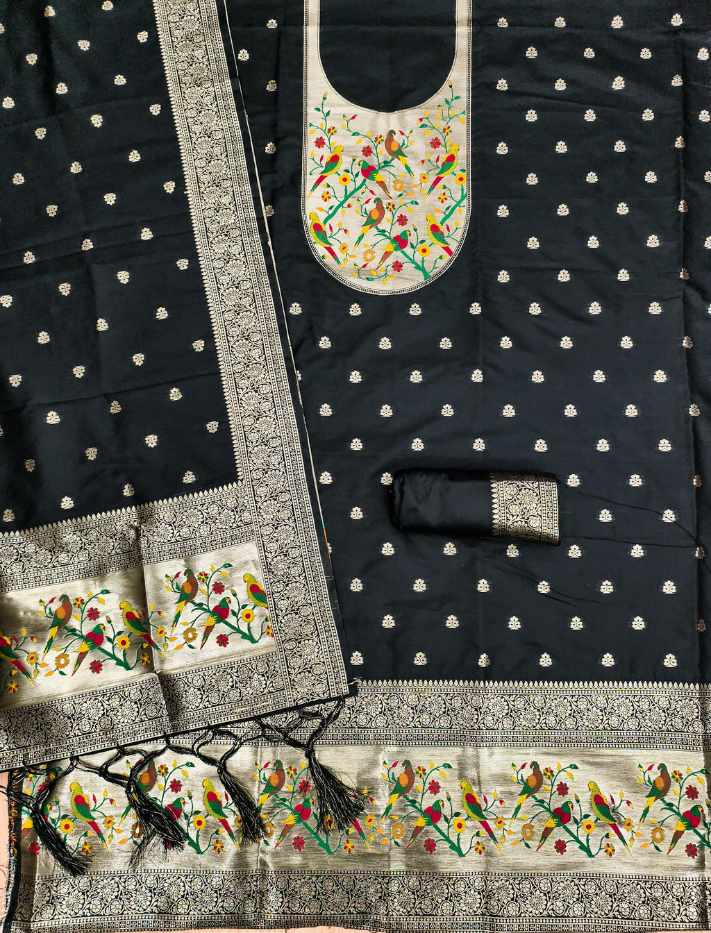 Black Color Paithani woven Pattern Top, Bottom & Dupatta Dress Material