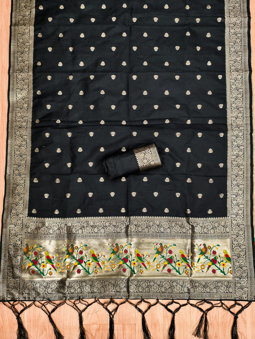 Black Color Paithani woven Pattern Top, Bottom & Dupatta Dress Material
