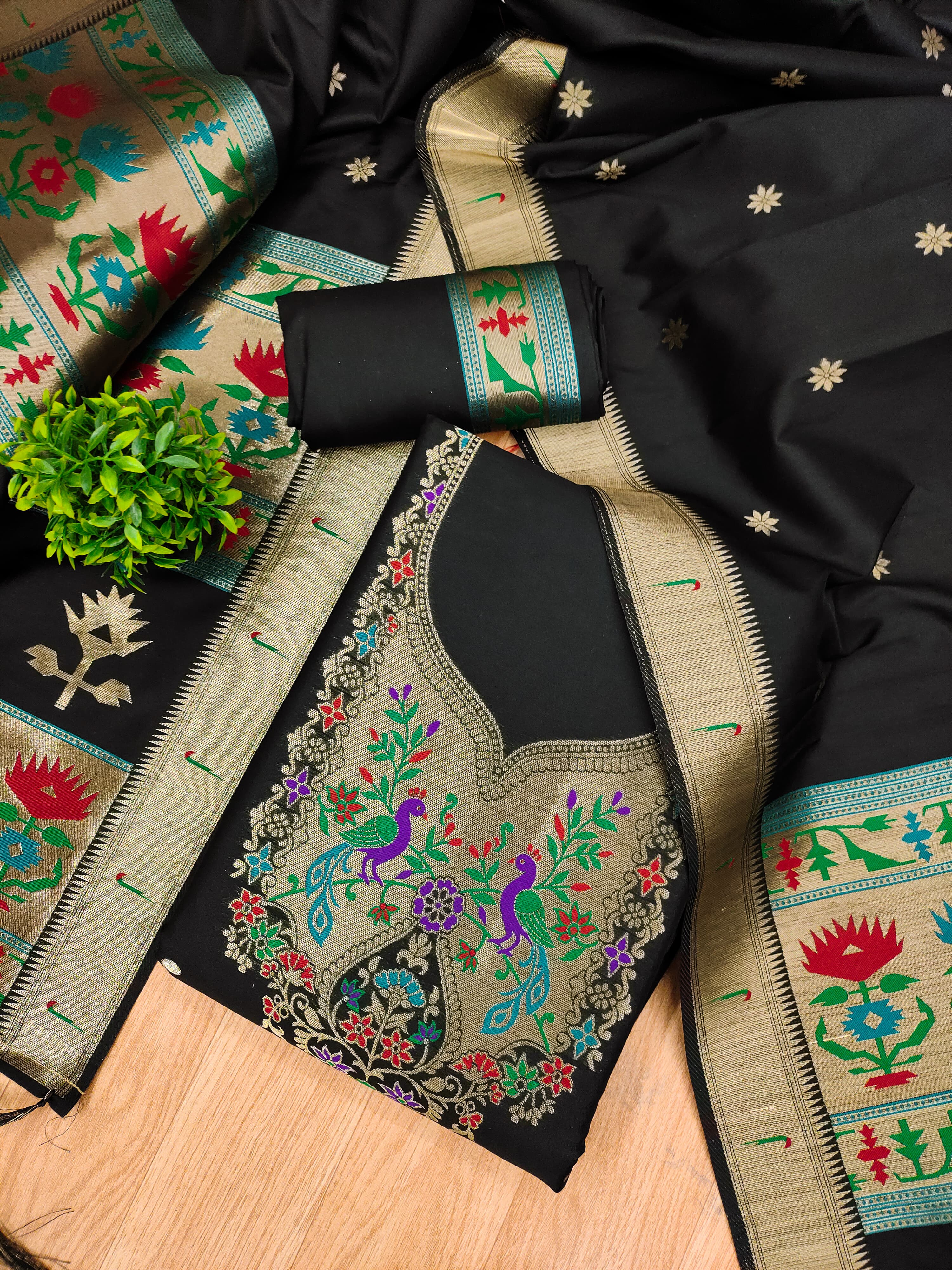 Black Color Paithani woven Pattern Top, Bottom & Dupatta Dress Material