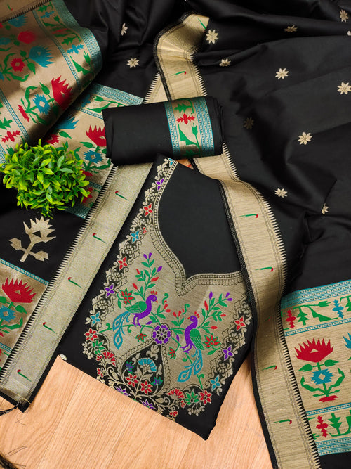 Black Color Paithani woven Pattern Top, Bottom & Dupatta Dress Material