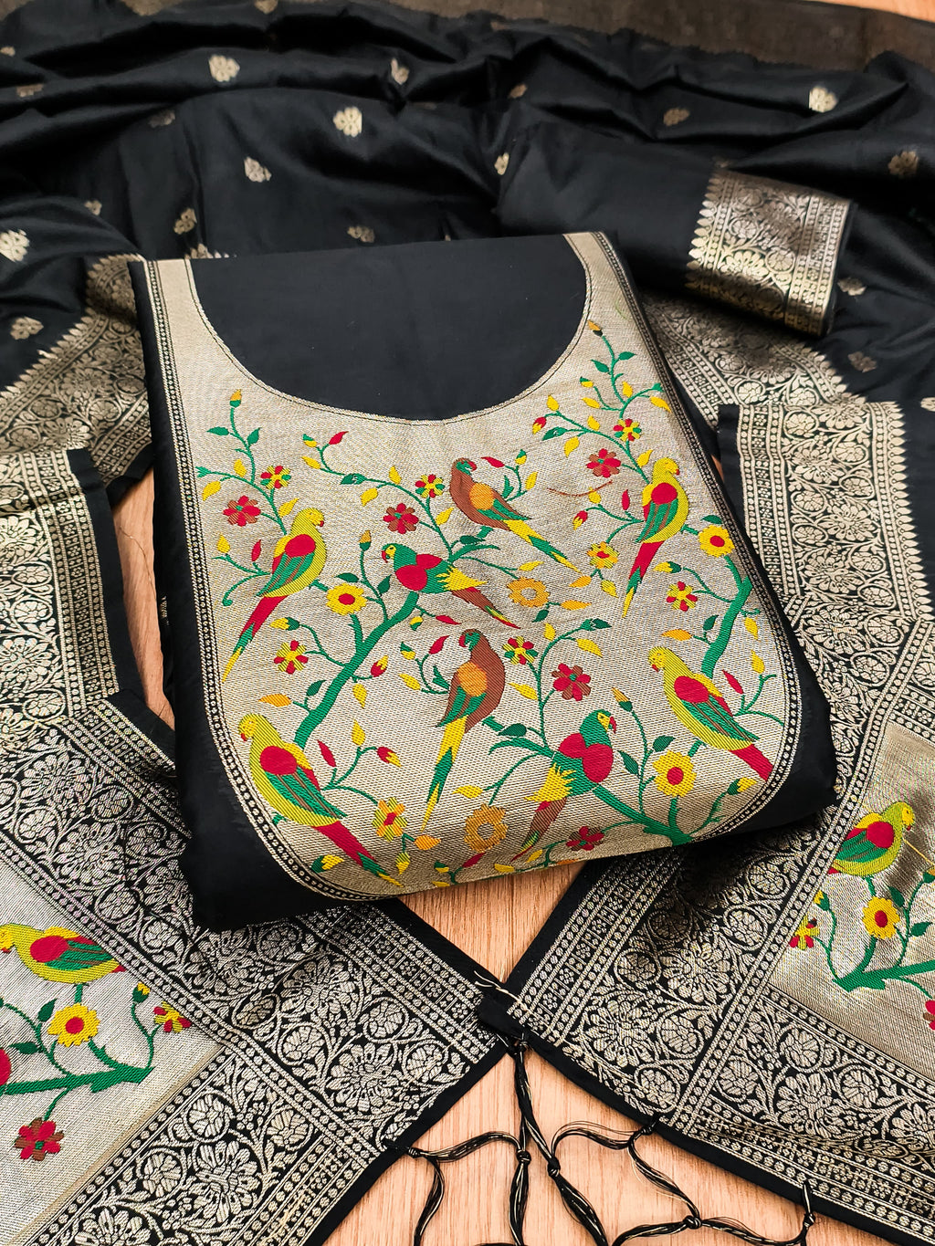Black Color Paithani woven Pattern Top, Bottom & Dupatta Dress Material