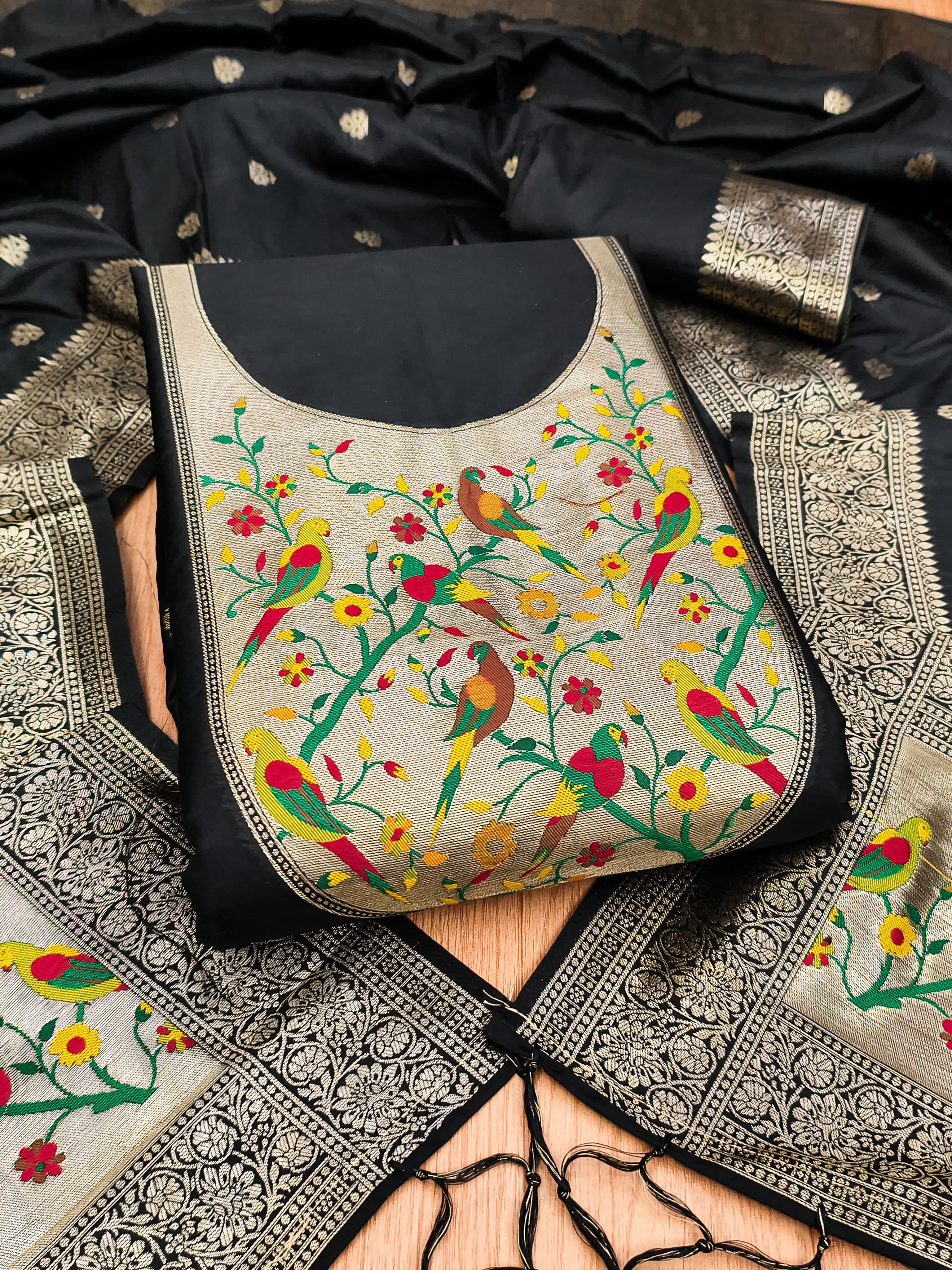 Black Color Paithani woven Pattern Top, Bottom & Dupatta Dress Material
