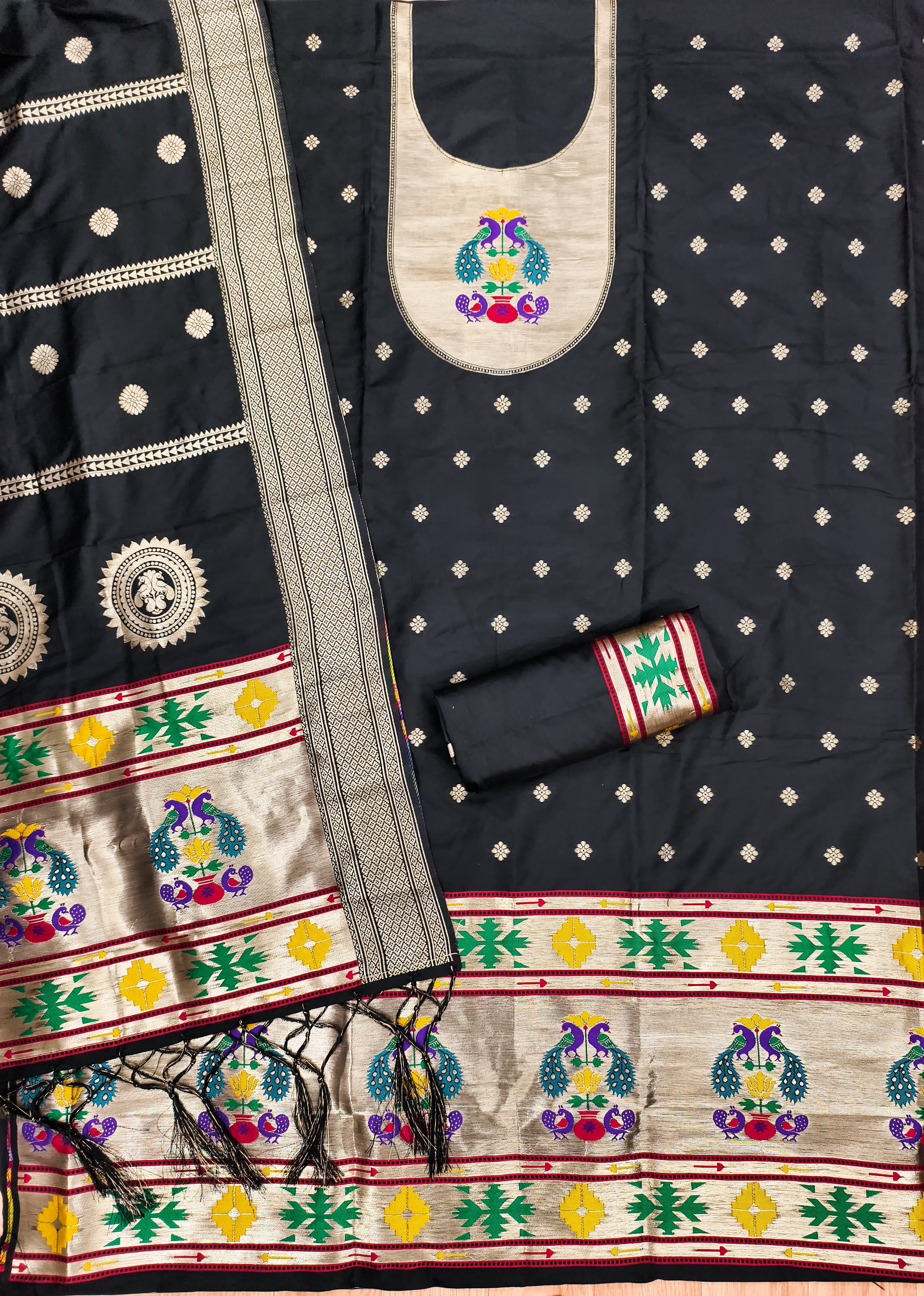 Black Color Paithani woven Pattern Top, Bottom & Dupatta Dress Material