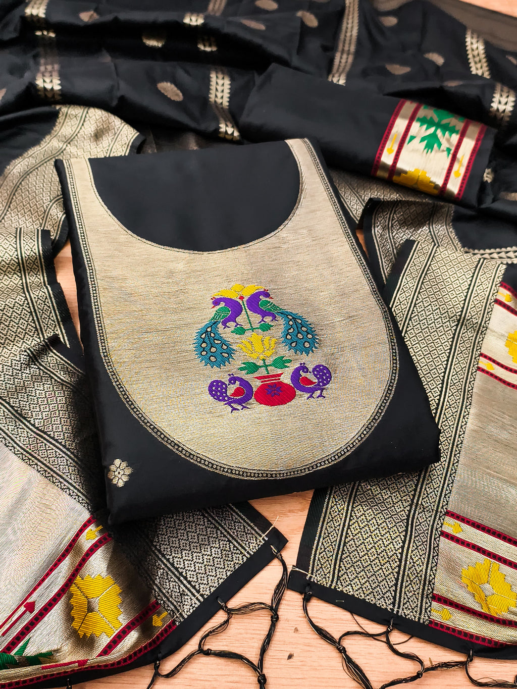 Black Color Paithani woven Pattern Top, Bottom & Dupatta Dress Material