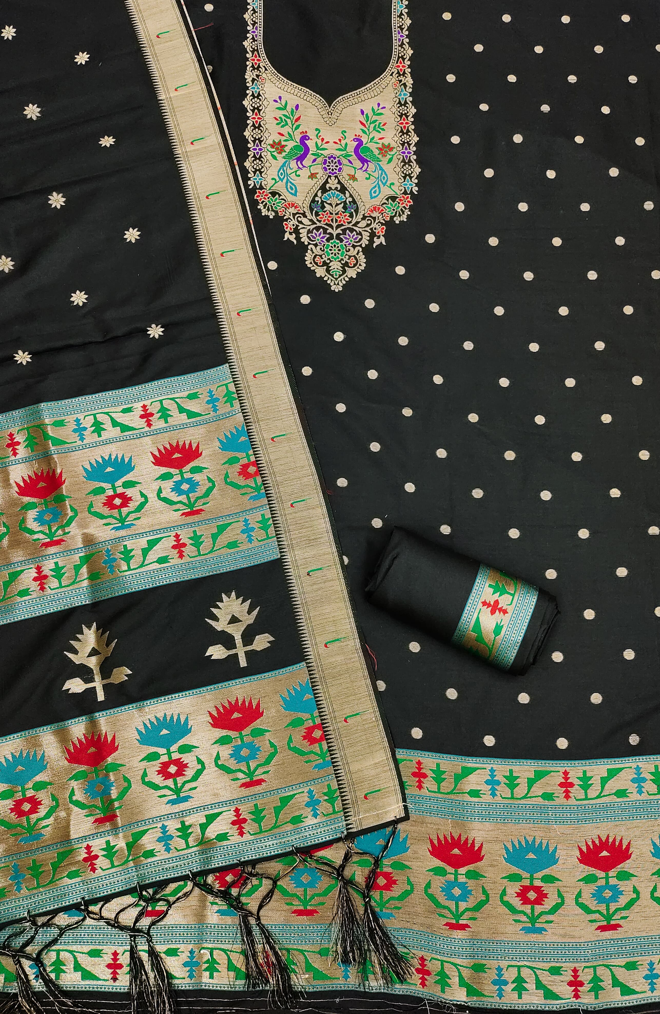 Black Color Paithani woven Pattern Top, Bottom & Dupatta Dress Material