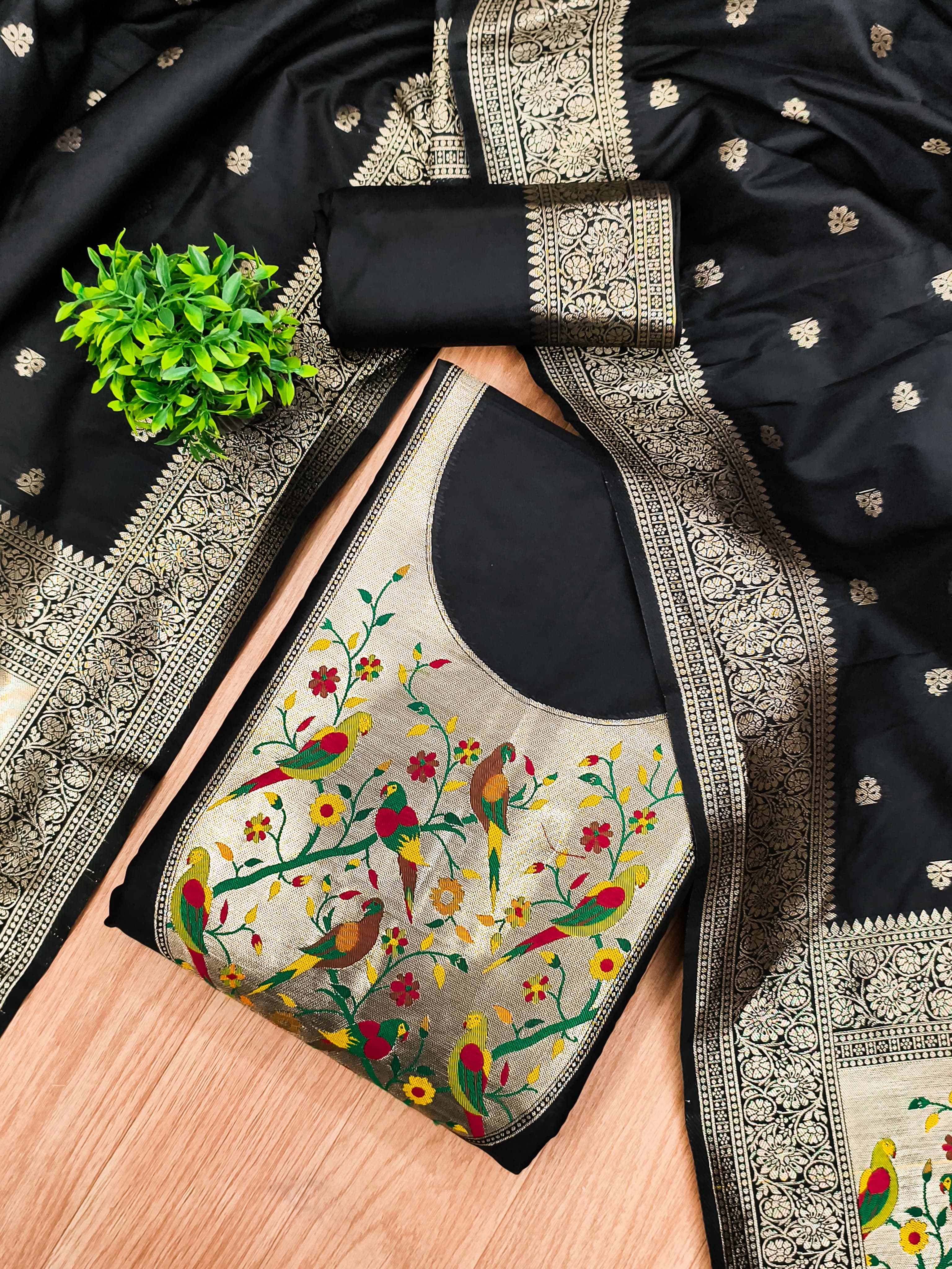 Black Color Paithani woven Pattern Top, Bottom & Dupatta Dress Material