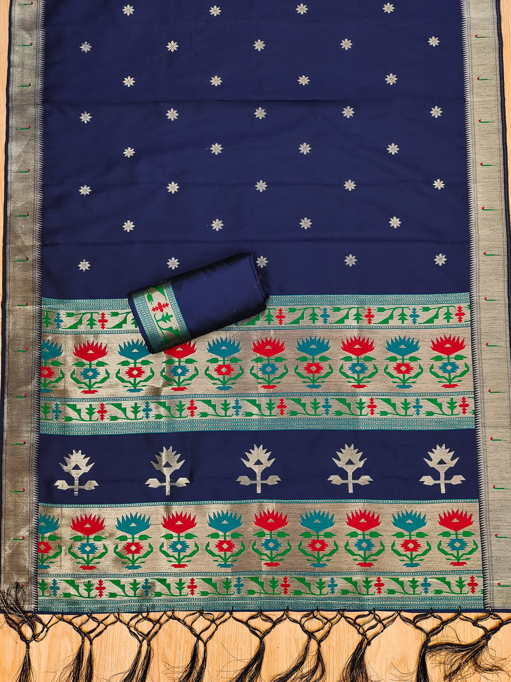 Navy Blue Color Paithani woven Pattern Top, Bottom & Dupatta Dress Material