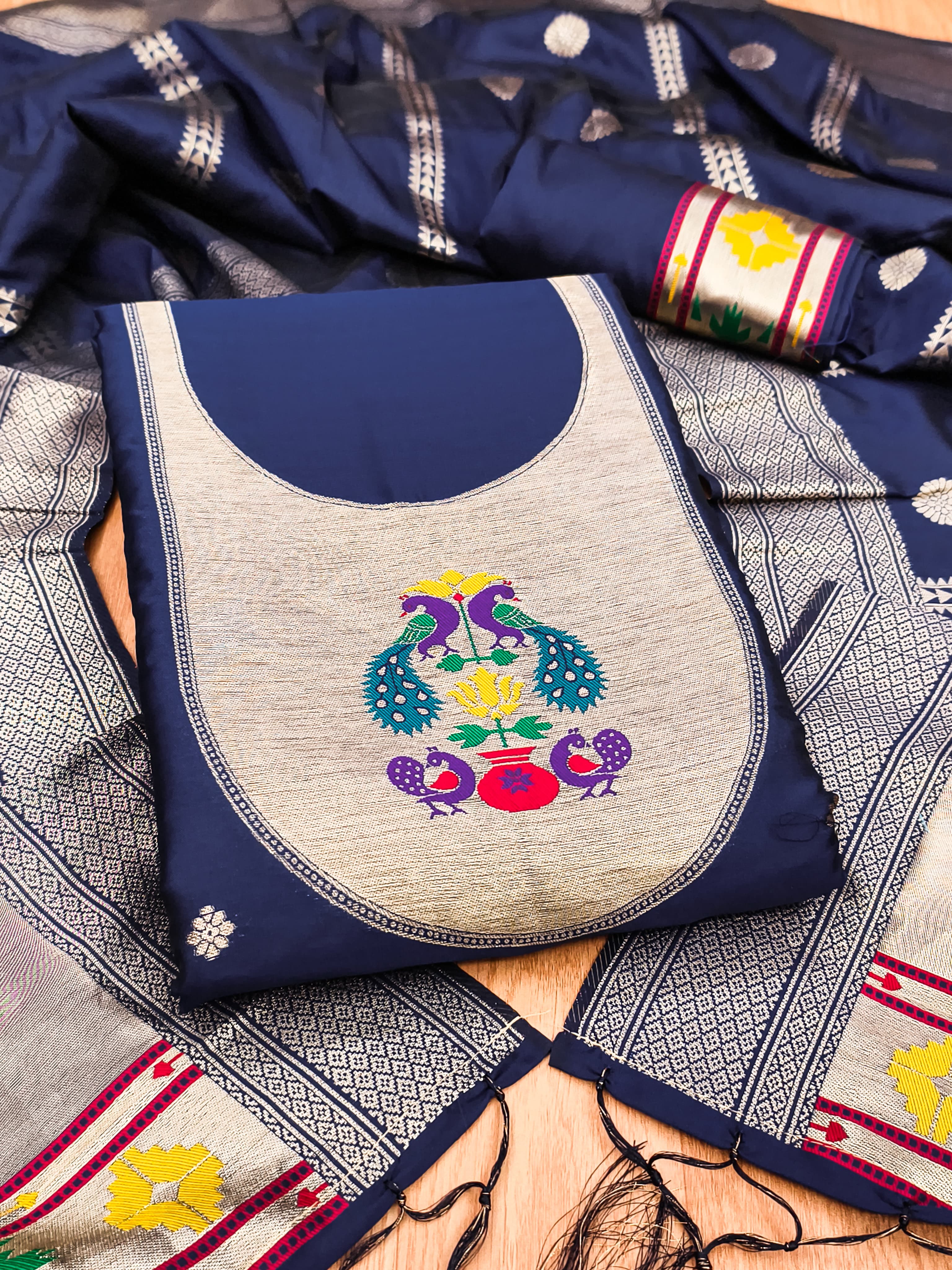 Navy Blue Color Paithani woven Pattern Top, Bottom & Dupatta Dress Material