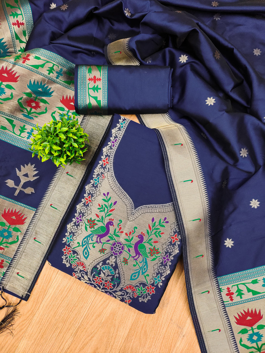 Navy Blue Color Paithani woven Pattern Top, Bottom & Dupatta Dress Material