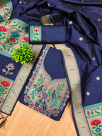 Navy Blue Color Paithani woven Pattern Top, Bottom & Dupatta Dress Material
