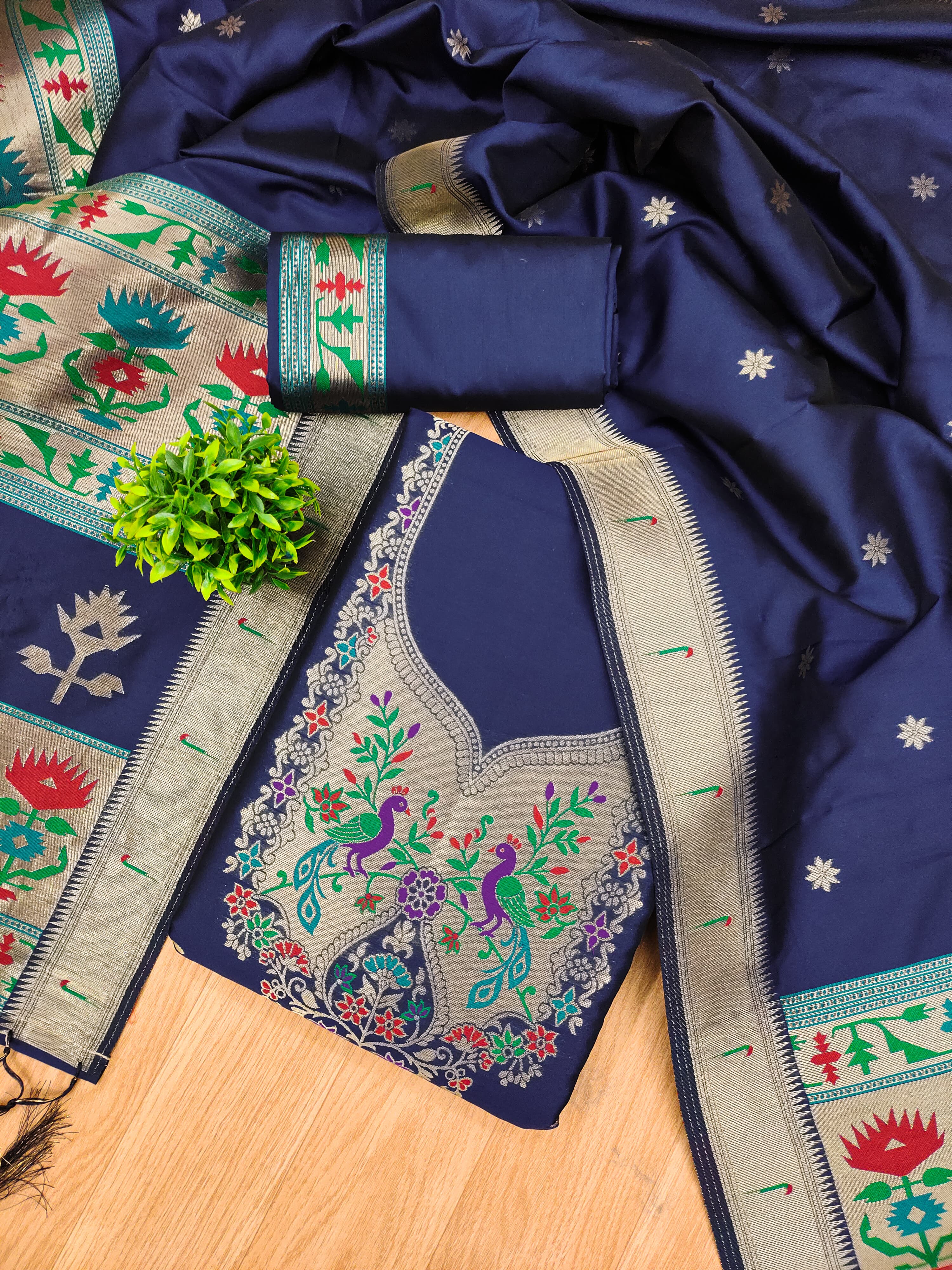 Navy Blue Color Paithani woven Pattern Top, Bottom & Dupatta Dress Material