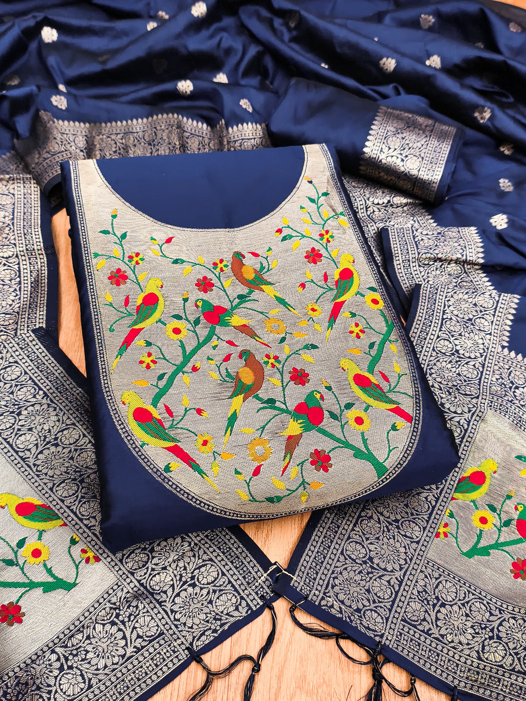 Navy Blue Color Paithani woven Pattern Top, Bottom & Dupatta Dress Material