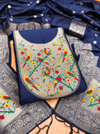 Navy Blue Color Paithani woven Pattern Top, Bottom & Dupatta Dress Material