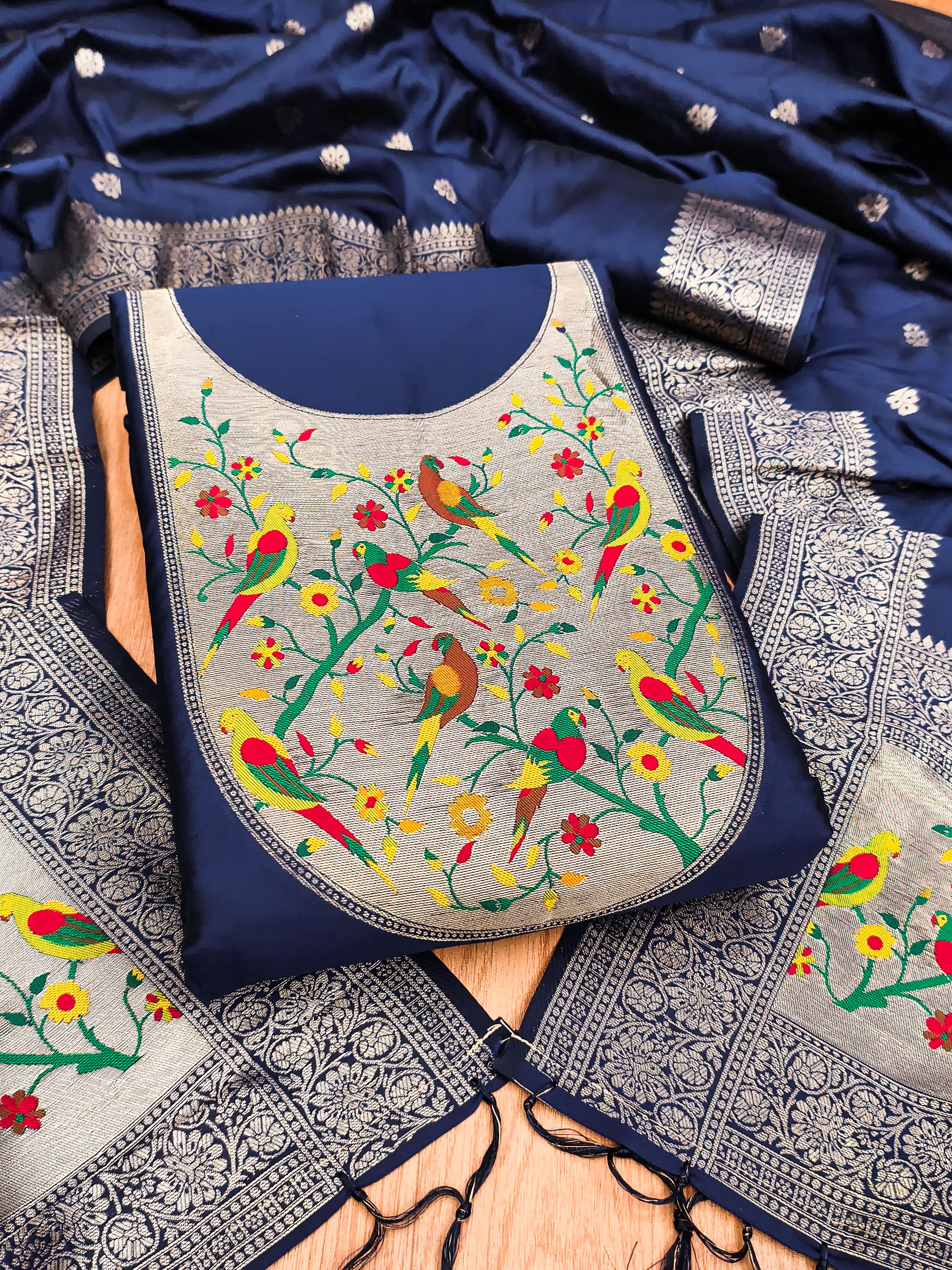 Navy Blue Color Paithani woven Pattern Top, Bottom & Dupatta Dress Material