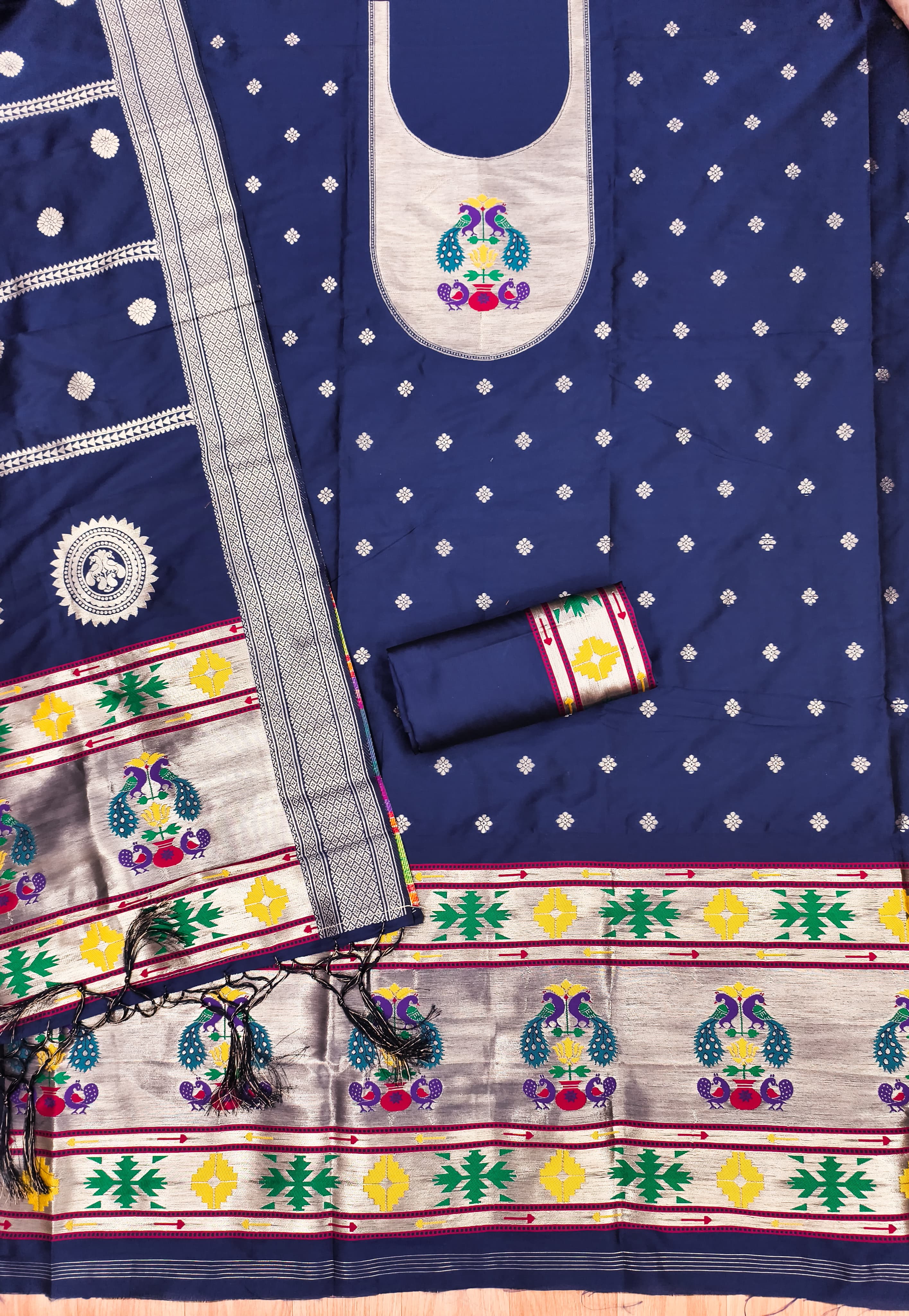 Navy Blue Color Paithani woven Pattern Top, Bottom & Dupatta Dress Material