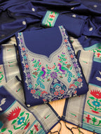 Navy Blue Color Paithani woven Pattern Top, Bottom & Dupatta Dress Material