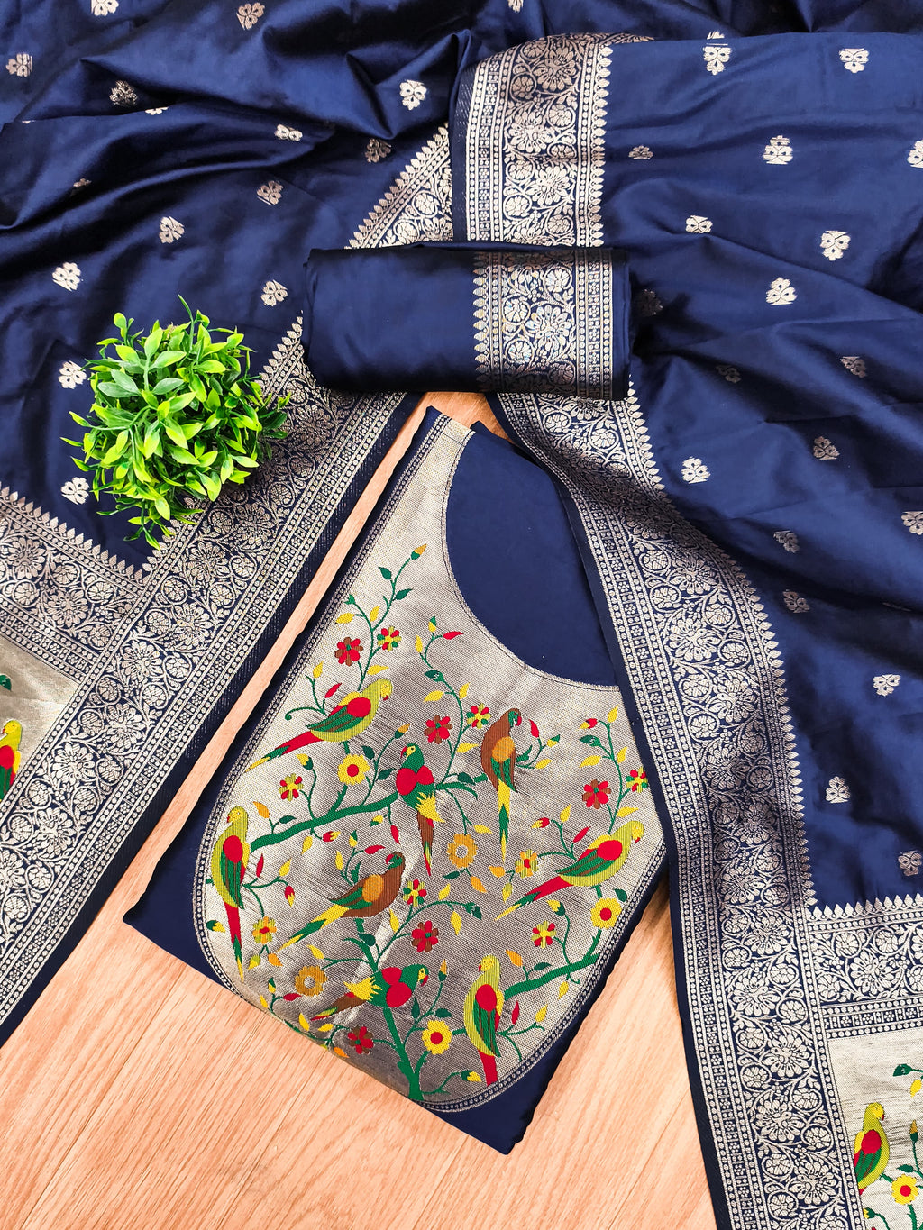 Navy Blue Color Paithani woven Pattern Top, Bottom & Dupatta Dress Material