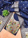 Navy Blue Color Paithani woven Pattern Top, Bottom & Dupatta Dress Material
