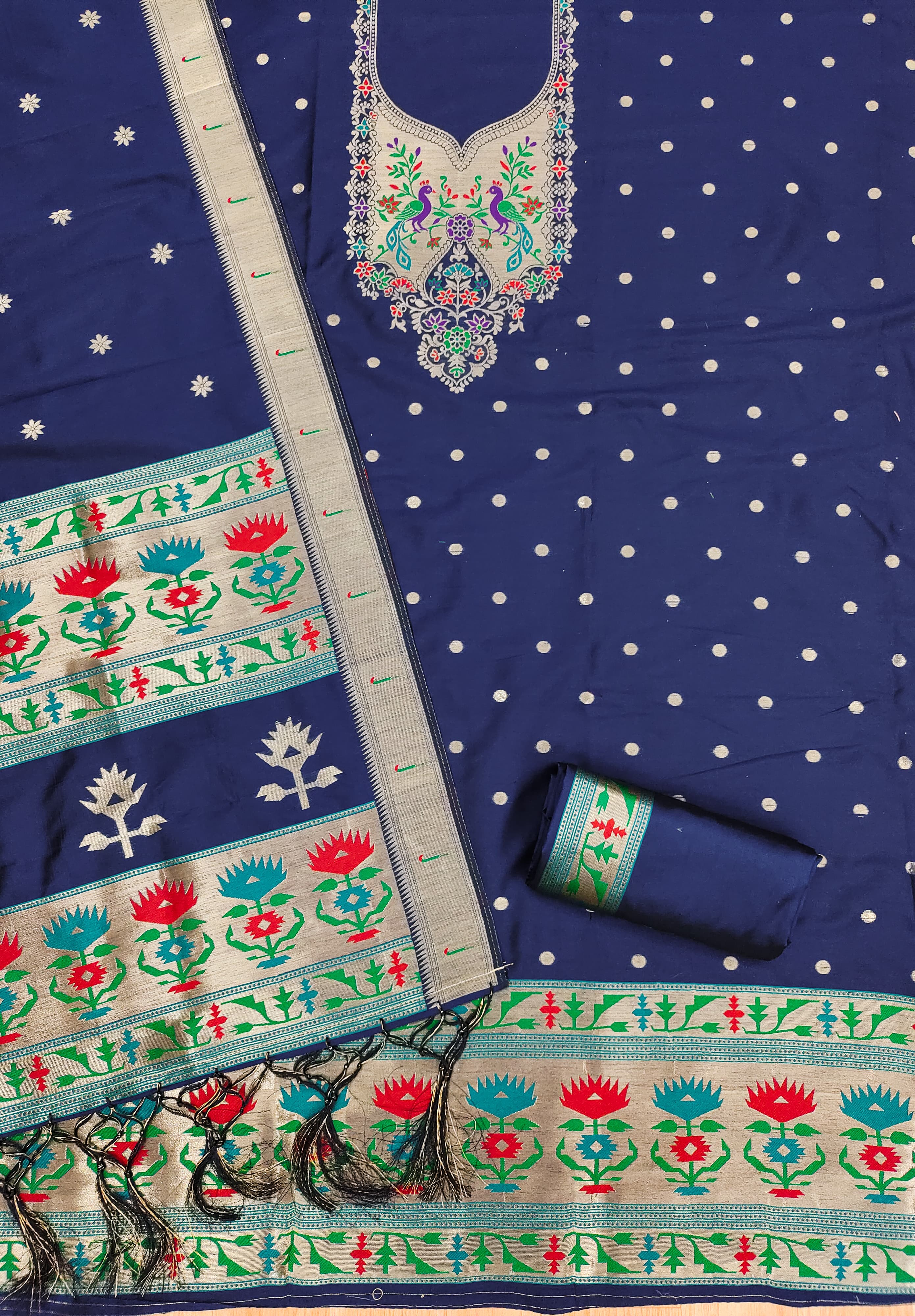 Navy Blue Color Paithani woven Pattern Top, Bottom & Dupatta Dress Material